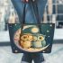 Two cute owls in love hugging each other on the moon leather tote bag