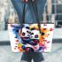 Two cute pandas hugging surrounded colorful hearts leather tote bag