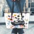 Two cute pandas hugging surrounded colorful hearts leather tote bag