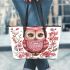 Valentine pink cute owl with flowers leather tote bag