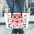 Valentine's day cute pink owl with flowers and heart leather tote bag