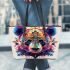 Vibrant and colorful panda design with intricate patterns leather tote bag
