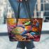 Vibrant painting of an happy dancing frog leaather tote bag