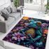 Vibrant teal frog with large eyes sits on top of colorful flowers area rugs carpet