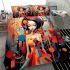 Vibrant woman in abstract city bedding set