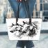 Watercolor black and white horses leather tote bag