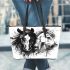 Watercolor black and white horses leather tote bag