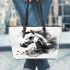 Watercolor black and white horses leather tote bag