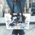 Watercolor black horse head with white rose leather tote bag