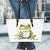 Watercolor cute and happy green frog sitting with coffee mug leaather tote bag