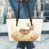 Watercolor deer light beige background with fall colors leather totee bag