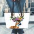 Watercolor deer with colorful flower crown leather totee bag