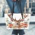 Watercolor deer with flowers leather totee bag