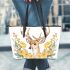 Watercolor deer with yellow roses leather totee bag