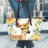 Watercolor deer with yellow roses leather totee bag