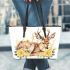 Watercolor deer with yellow roses leather totee bag