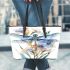 Watercolor dragonfly among flowers leather tote bag