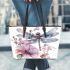 Watercolor dragonfly and pink flowers leather tote bag