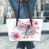 Watercolor dragonfly and pink flowers leather tote bag