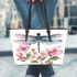 Watercolor dragonfly and pink flowers leather tote bag