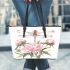 Watercolor dragonfly perched on pink peonies leather tote bag