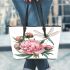 Watercolor dragonfly perched on pink peonies leather tote bag