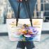 Watercolor dragonfly sitting on flower leather tote bag