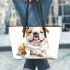 Watercolor english bulldog clipart leather tote bag