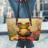 Whimsical frog with large eyes and vibrant colors leaather tote bag