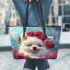 White pomeranian puppy with blue eyes leather tote bag