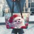 White pomeranian puppy with blue eyes leather tote bag