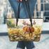 Whitetailed buck standing in meadow with daisies leather totee bag