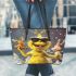 yellow grinchy with black sunglass and dancing cats Leather Tote Bag