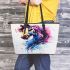 Abstract horse watercolor splashes leather tote bag