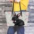 Adorable black rabbit with pink ears leather tote bag