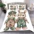 Adorable happy baby bunny couple in green bedding set