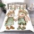Adorable two bunnies holding hands dressed in green bedding set