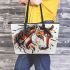 American indian horse with head feathers leather tote bag