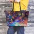 An abstract digital art piece featuring vibrant colors and shapes leaather tote bag