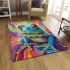 An airbrush cartoon of a blue green frog with rainbow area rugs carpet