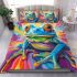 An airbrush cartoon of a blue green frog with rainbow bedding set