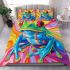 An airbrush cartoon of a blue green frog with rainbow bedding set