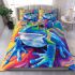 An airbrush cartoon of a blue green frog with rainbow bedding set