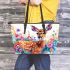 Beautiful deer with colorful flowers and leaves leather totee bag