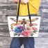 Beautiful dragonfly sitting on top of flowers leather tote bag