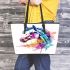 Beautiful watercolor colorful horse leather tote bag