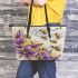 bees flying to musical notes and purple leafs in the summer Leather Tote Bag