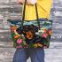 Black and tan dachshund dog surrounded by colorful tulips leather tote bag