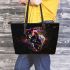 Black background with a colorful horse leather tote bag