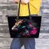 Black background with a colorful horse leather tote bag